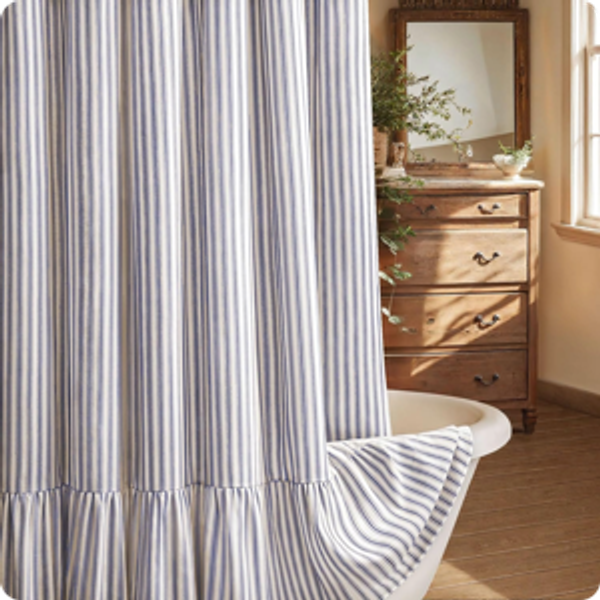 Farmhouse Shower Curtain with Ruffle Hem Linen Shower Curtains for Bathroom Country Vintage Rustic Natural Fabric, Cream-Blue Stripe 72" W x 72" L