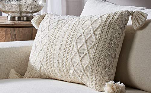 Lumbar Decorative Throw Pillow Cover 100% Cotton Sweater Knit Cushion Case with Tassels for Couch, Chair, Bed and Home Accent Decor Beige (12 x 20 Inch / 30 x 50 cm)