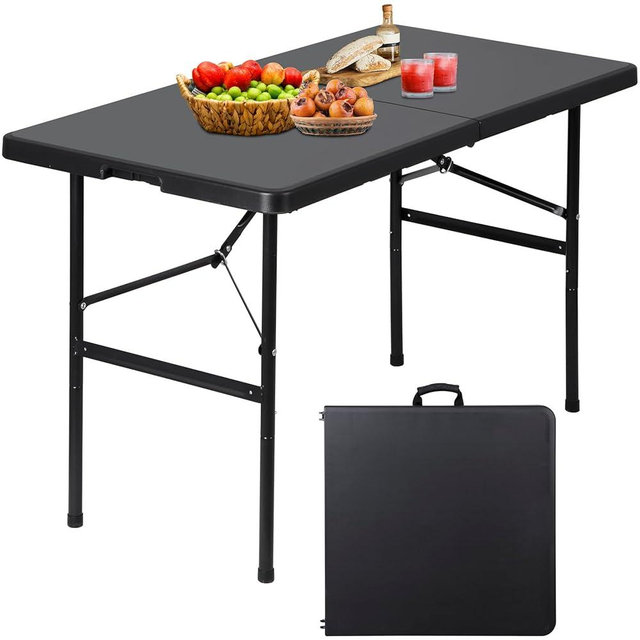 Saicool Folding Event Table, Heavy Duty Picnic Table Indoor Outdoor Camping Table, 4FT Portable w Handle Lock for Banquet, Black