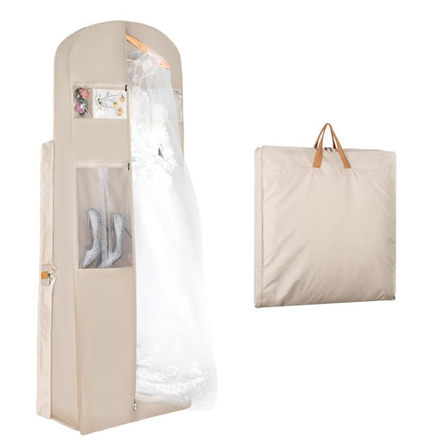 Zilink 72" Wedding Dress Garment Bag Dress Bags for Gowns Bridal Garment Bag for Long Dresses with 12”Gusseted and Accessory Pockets for Wedding Dress, Puffy Gowns [Upgraded Version], Beige