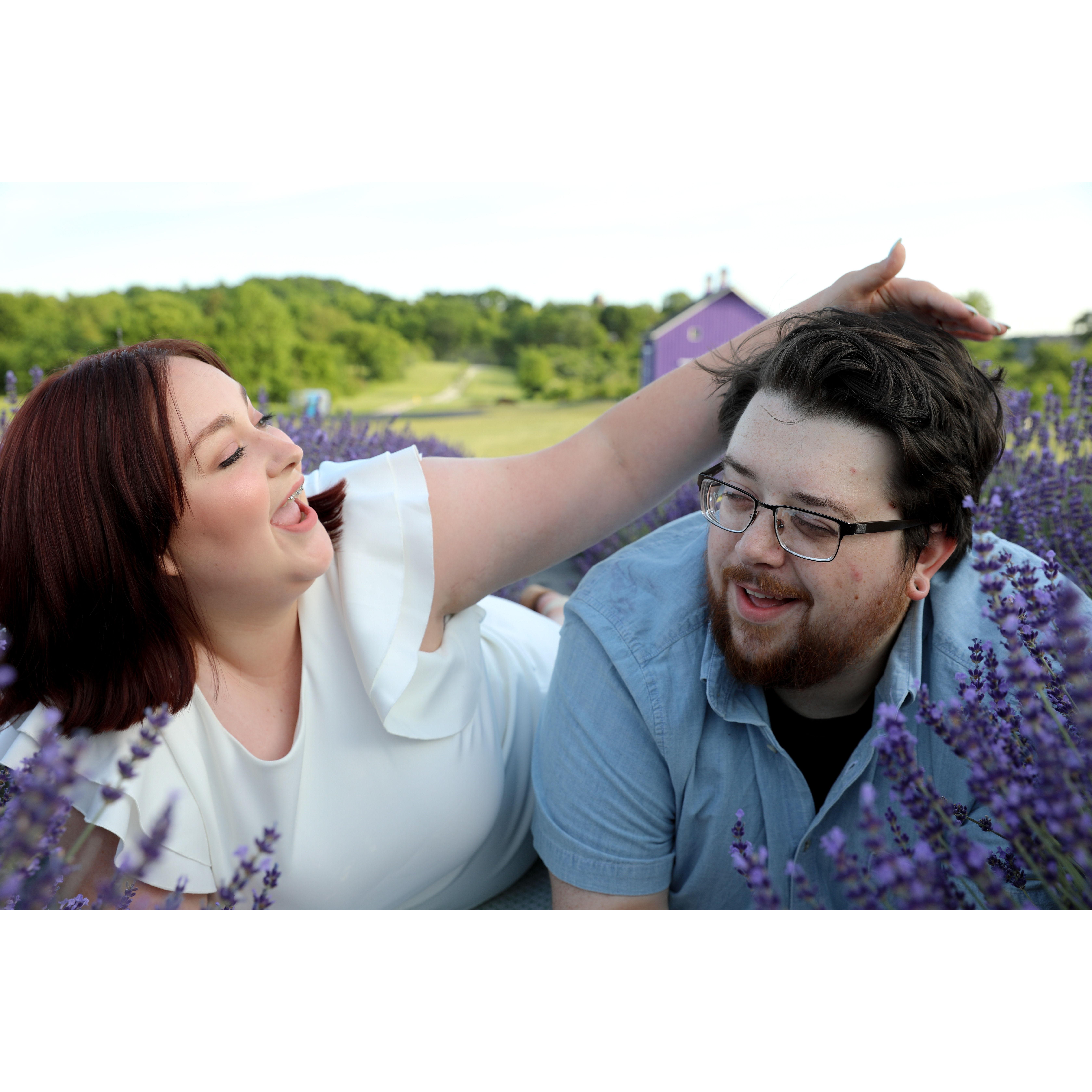 Engagement photoshoot at Sunset Ridge Lavender Farms. Photographer was Bloom Photography, LLC