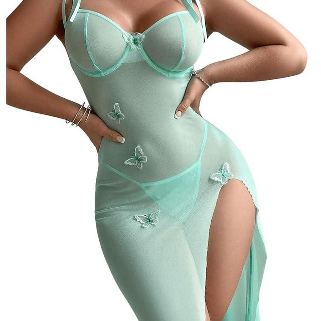 RoseSeek Women's 2 Piece Lingerie Set Bow Front Mesh Split Underwire Babydoll Lingerie Dress with Thong