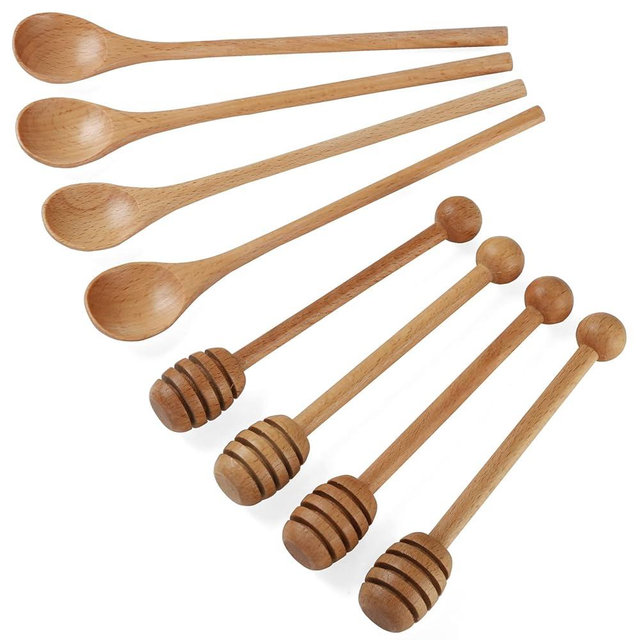 4 PCS 6 Inch Honey Dipper Sticks and 4 PCS 7.87 Inch Coffee Stirring Spoons, Beech Wooden Honey Spoon Stirrer for Honey Jar Dispense Drizzle Honey and Wedding Party Gift