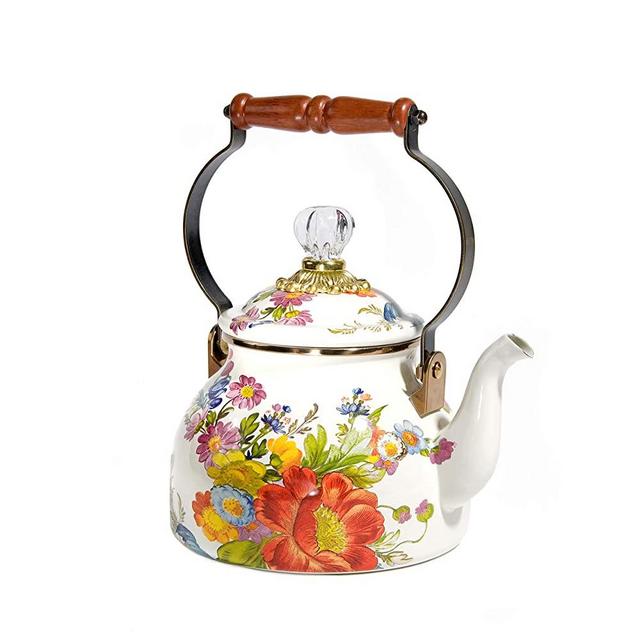 MacKenzie-Childs Flower Market Enamel Tea Kettle, Decorative Floral Teapot, 2-Quart Tea Kettle, White