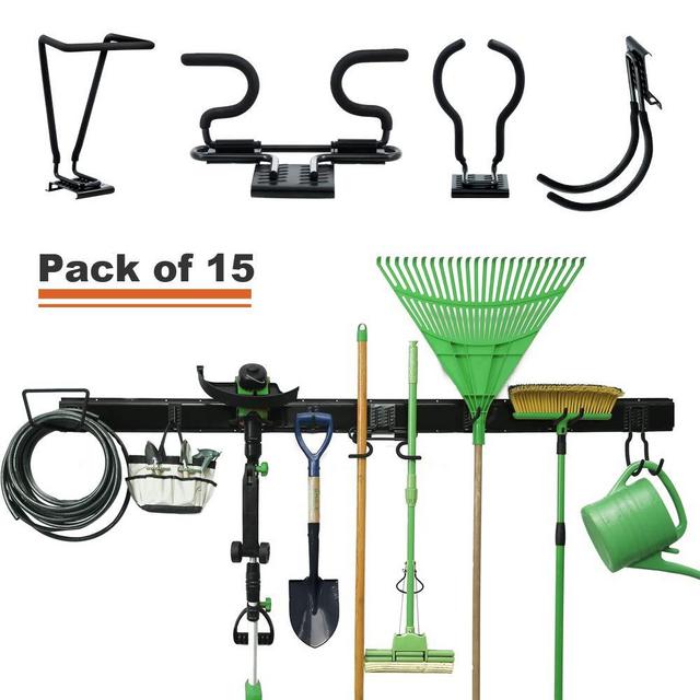 Wallmaster 15-PCS Garage Storage Systems All-in-one Wall Mounted Removable Hooks Organizer Adjustable Organization Rack Hanger for Rake Shovel Lawn Garden Tools (80inch Rail, 10 Hooks)