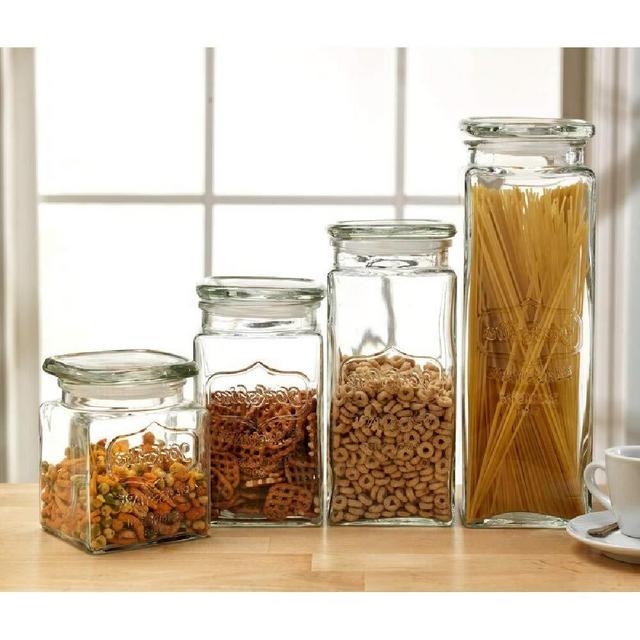 Glass Canister Set for The Kitchen - Set of 4 Food Storage Jars with Air Tight Lids for Kitchen or Bathroom, Food, Cookie, Cracker, Storage Containers, Clear Glass