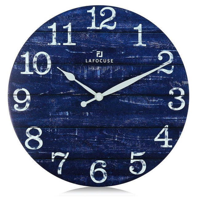 Lafocuse 12 Inch Silent Wooden Navy Blue Wall Clock Farmhouse Battery Operated, Rustic Kitchen Navy Blue Clock for Living Room Decor Bedroom Office-Version 2.0