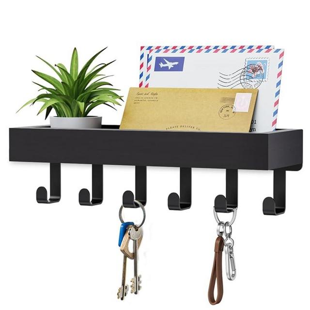 Key Holder Wall Mount Adhesive Magnetic - Hanging Key Hooks with Mail Organizer Tray for Wallet House Accessories - Keys Hanger Rack with Shelf for Camper Entryway Door Home Living Room Decor Black