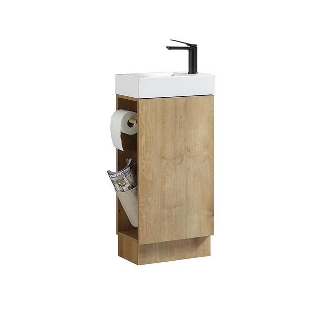 JINDOLI 16“ Bathroom Vanity Sink Combo for Small Space, Modern Floor-Standing Small Bathroom Vanity with Sink, Small Bathroom Sink Cabinet Set with with 2 Toliet Paper Holders, Snafell Oak