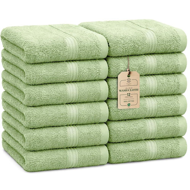 HomeBurg Luxe 12-Piece Washcloth Set - 100% Cotton, Soft & Absorbent, Easy Care, Premium Towels for Face & Daily Use,12 x 12 in (Sage Green)