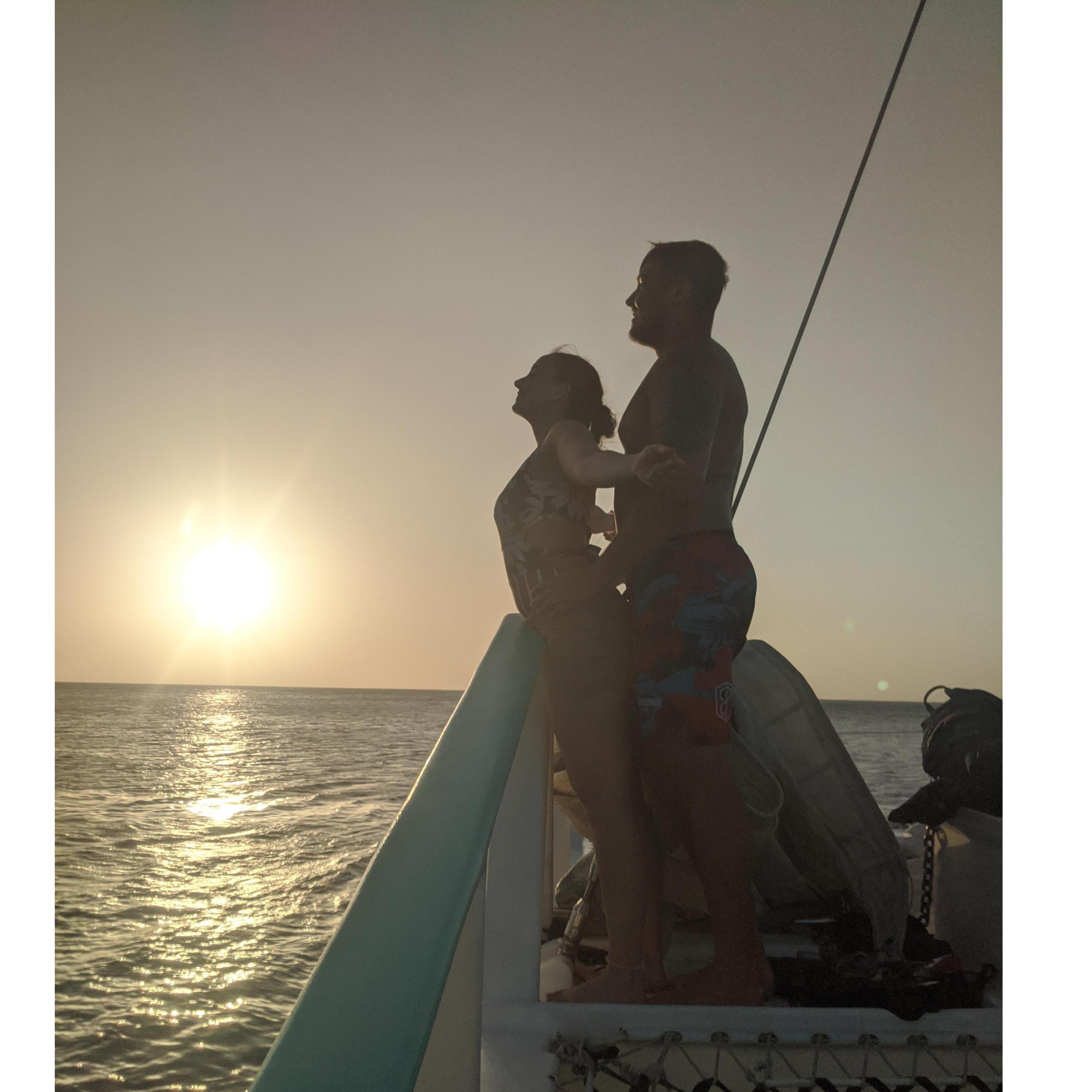 Titanic pose at sunset, Roatan, Honduras