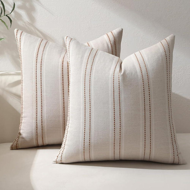 Hckot Fall Throw Pillow Covers 24x24 Set of 2 Striped Rust Pillow Covers Textured Linen Decorative Pillows Square Cushion Covers for Sofa Couch Bed Living Room Farmhouse Decor(Caramel)