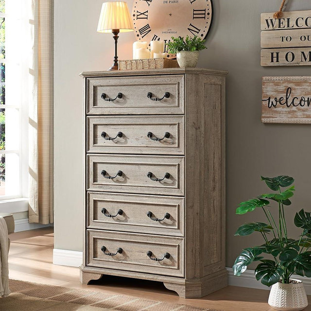 T4TREAM Farmhouse 5 Drawers Dresser Chests for Bedroom, Wood Rustic Tall Chest of Drawers, Dressers Organizer for Bedroom, Living Room, Hallway, Light Rustic Oak