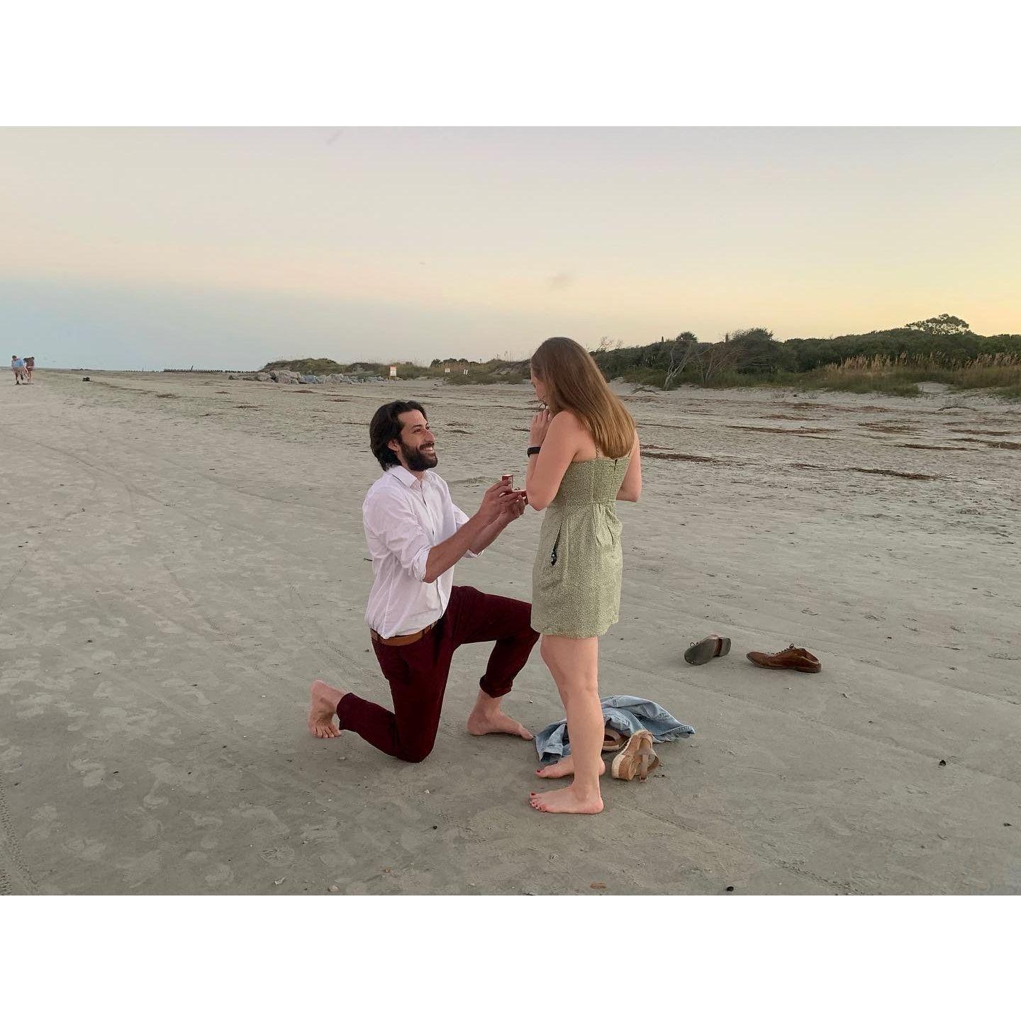 Layne surprised Alli with a proposal on Folly Beach, SC (with the help of Groomsman Mason and his wife, Hannah!)