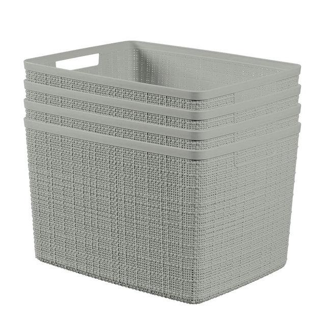 Curver Set of 4 Jute Large Decorative Plastic Organization and Storage Baskets Perfect Bins for Home Office, Closet Shelves, Kitchen Pantry and All Bedroom Essentials, Grey, 4 Count