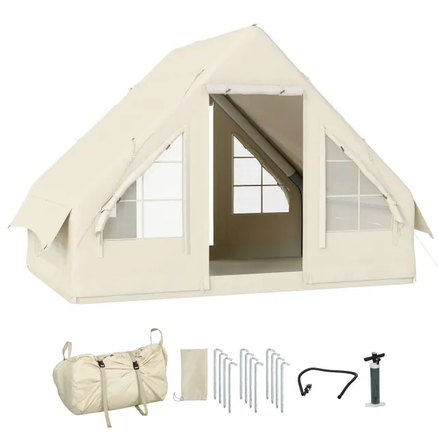 Outsunny Inflatable Camping Tent with Hand Pump, Easy Setup, 4 Season Blow Up Tent, with Mesh Windows and Doors