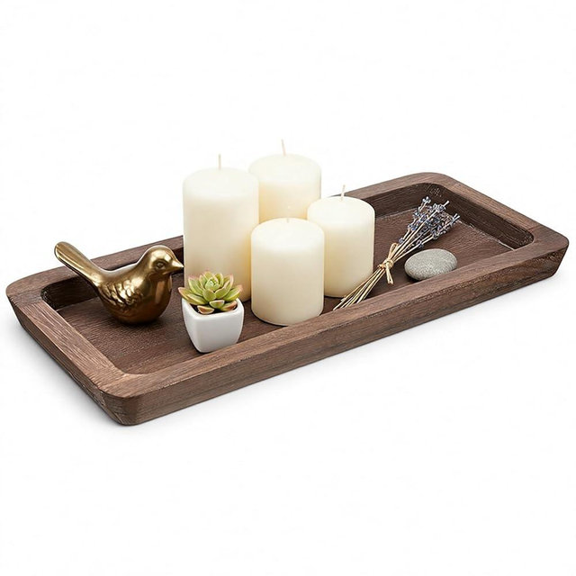 Wooden Decorative Tray Candle Holder, Decorative Wooden Dough Bowl, Wood Long Narrow Tray Home Decor, Rustic Farmhouse decoratives bowl, Brown Woodens Dough Bowll for Entry Table Decor Coffee Table