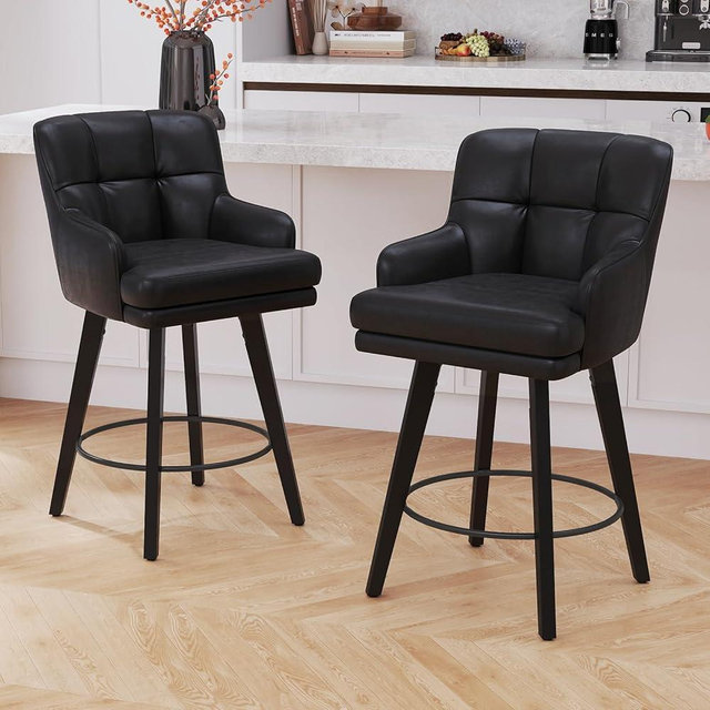 SAECKBERG 360°Swivel Counter Height Bar Stools with Back, 26 inch Solid Wood Legs, Bar Stool Modern Kitchen Island Chairs, Faux Leather (Black- Faux Leather, 26" H- Set of 2)
