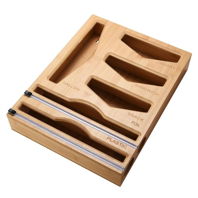 Cozee Bay Bamboo Food Bag Organizer with Foil and Plastic Wrap Organizer, Kitchen Drawer Organizer, Wrap Dispenser with Cutter, for Gallon, Quart, Sandwich, Snack Bags and 12" Roll (Natural Bamboo)