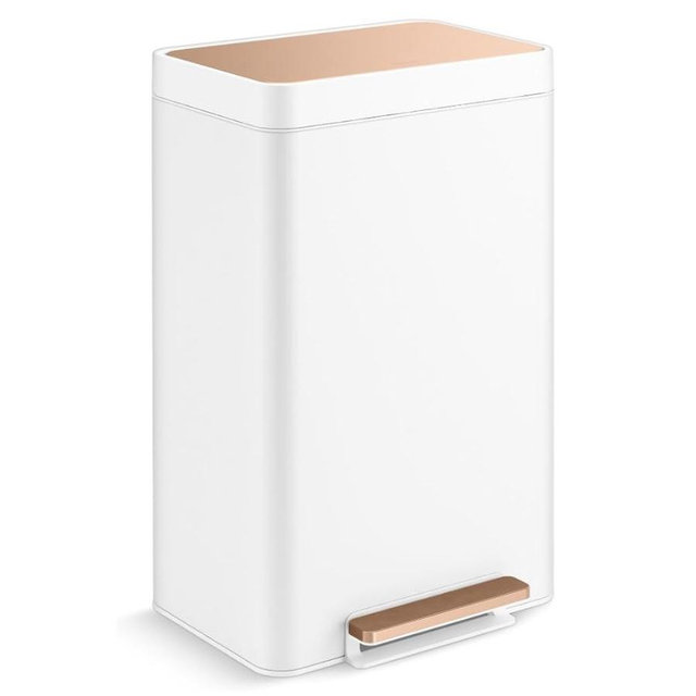 Kohler 13-Gallon Stainless Steel Step Trash Can, White Stainless Steel & Copper, Hands-Free Pedal, Quiet-Close Lid, Fingerprint-Resistant, K-20940-WCP
