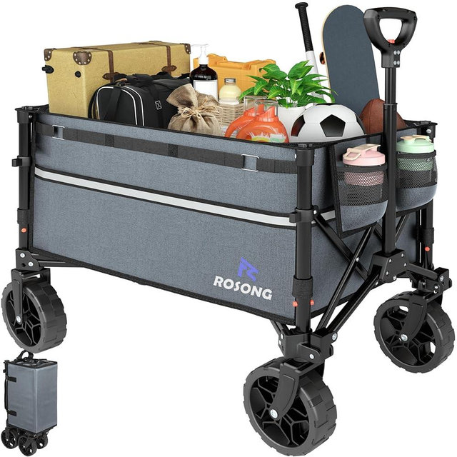 Collapsible Wagon Cart with Wheels Foldable - Folding Utility Heavy Duty Wagons Carts for Grocery Sports Garden Shopping Camping Grey