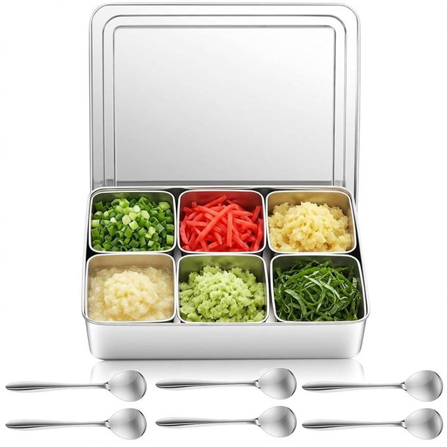 Boao 6 Compartment 304 Yakumi Pans Stainless Steel Seasoning Condiment Container with Lids Spoons, Japanese Yakumi Pans Mini Sauces Salad Dressings Storage for Food, Herbs, Spices