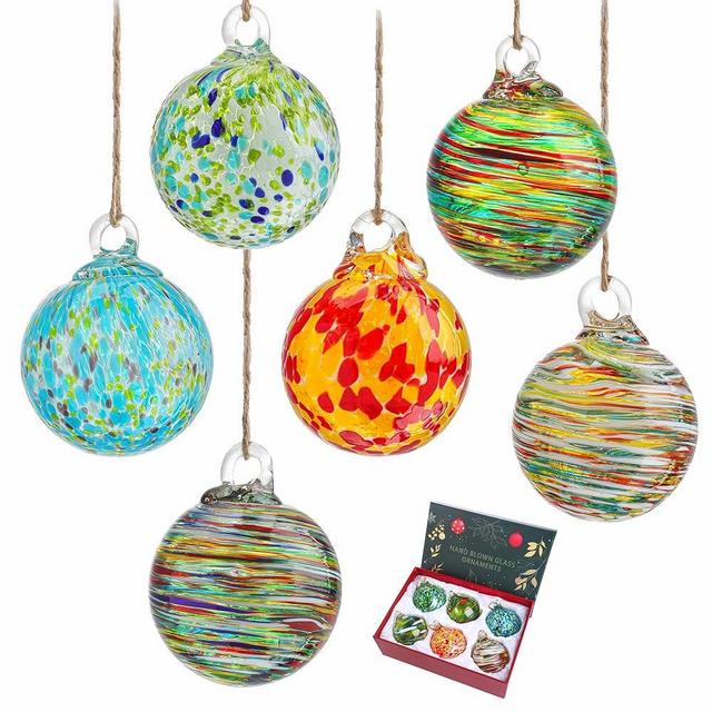 Set of 6 Hand Blown Glass Christmas Ornaments Hanging Gazing Ball Witches Ball Christmas Decor for Garden Patio Window Xmas Tree