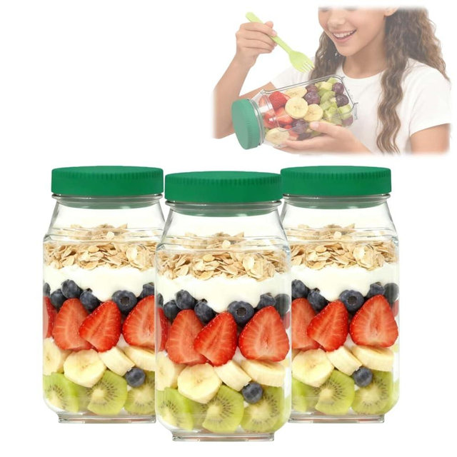 LEYAO Salad Mason Jar Side Opening - Leakproof Dressing Container, Lid-to-Bowl Design, Reusable Salad Jar & Salad Container for Lunch, Meal Prep on the go (7.5"x3.9"x3.5" 2PCS + 2 Forks)