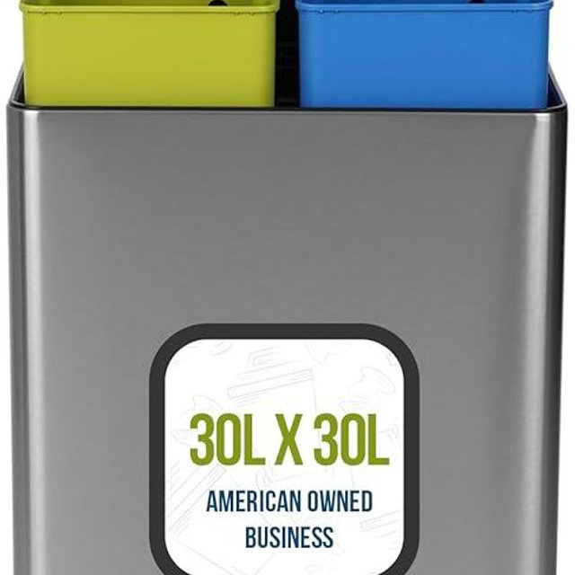 Simpli-Magic 16 Gallon (60L) Step Trash Can – Dual Compartment Kitchen Garbage Can – Waste & Recycling Bins, Slow-Close Lid, Odor Control, Hands-Free, Easy to Clean, Infinity Edge Stainless Steel