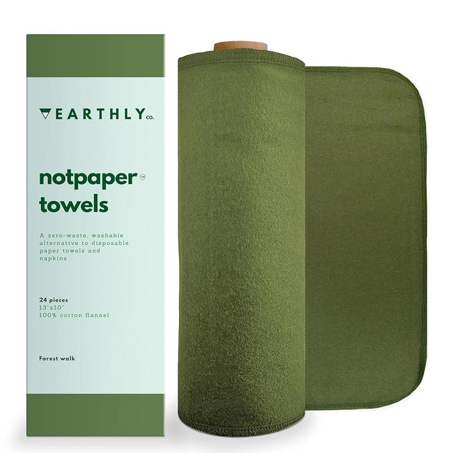 Earthly Co. Reusable Paper Towels - 24 Pack - Roll of Washable Cotton Cloth Paper Towels - Paperless Reusable Napkins Cloth Washable - Absorbent + Long Lasting - Zero Waste Products - (Green)
