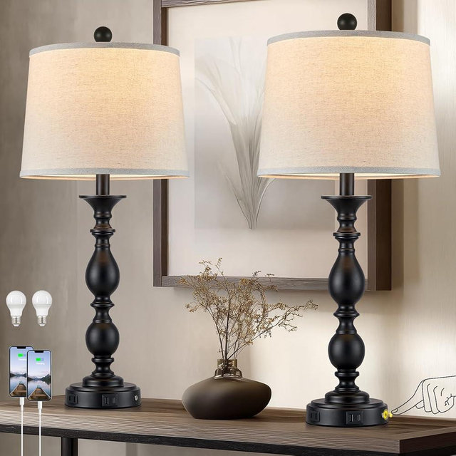MOUVOVO 28" Black Modern Table Lamps Set of 2 with USB C+A Ports and AC Outlet, 3 Way Touch Control Tall Bedside Lamps for Bedroom, Metal Farmhouse Nightstand Lamps for Living Room