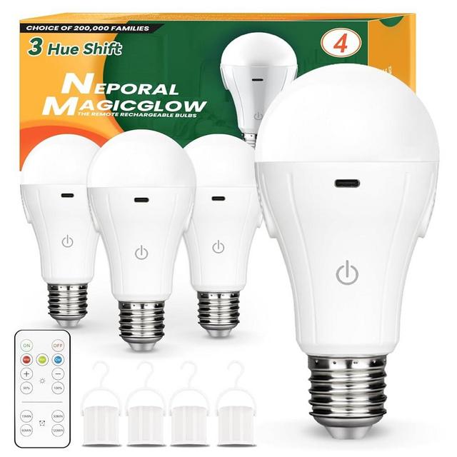 Neporal MagicGlow Rechargeable Light Bulbs with Remote, 3 Hue Shift + Stepless Dimmable Battery Powered Light Bulbs, USB Rechargeable, A19 Standard Size Emergency LED Light Bulbs, 15W, Up to 24 Hours