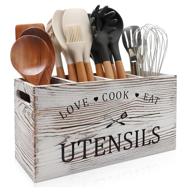 Rustic White Wooden Utensil Holder for Kitchen Counter Decor Extra Large Utensil Crock Organizer Silverware Caddy Farmhouse Wood Cutlery Holder Cooking Utensil Stand Storage kitchen Tools Holder