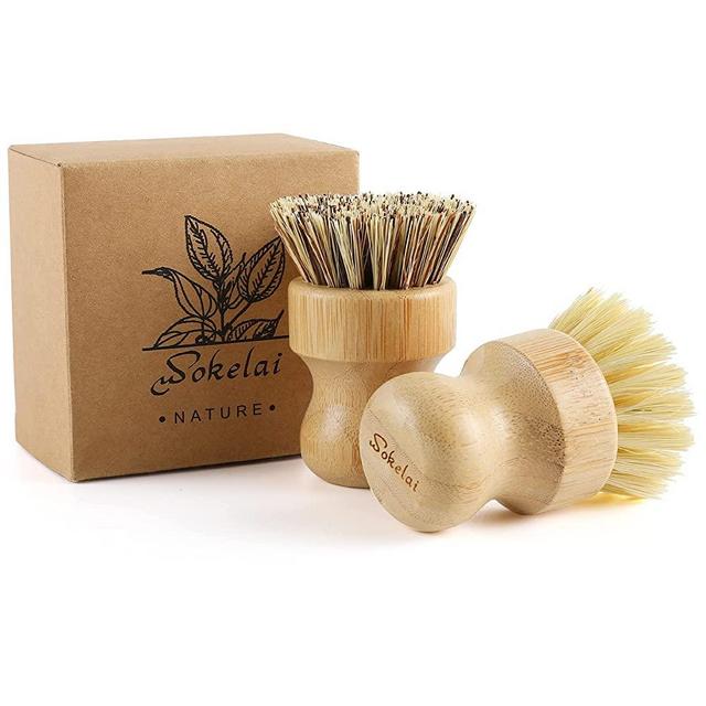 Bamboo Palm Scrub Brush for Dishes Eco Friendly Bamboo Round Mini Dish Brush Natural Kitchen Cleaning Scrubber for Cast Iron Skillet Pots Pans Vegetables Kitchen Sink Cleaning Set of 2