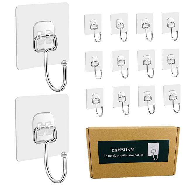 14 Pack Large Wall Hooks 33lb(Max) Transparent Reusable Seamless Adhesive Hooks, Waterproof and Oilproof, Bathroom Kitchen Office Heavy Duty Self Adhesive Hooks