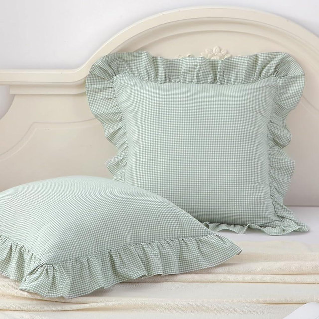 Silnuo 2 Pack Light Green/White Ruffle Plaid Throw Pillow Covers Farmhouse Gingham Checkered Pillow Shams 20"x20" for Couch,Sofa,Bed and Living Room