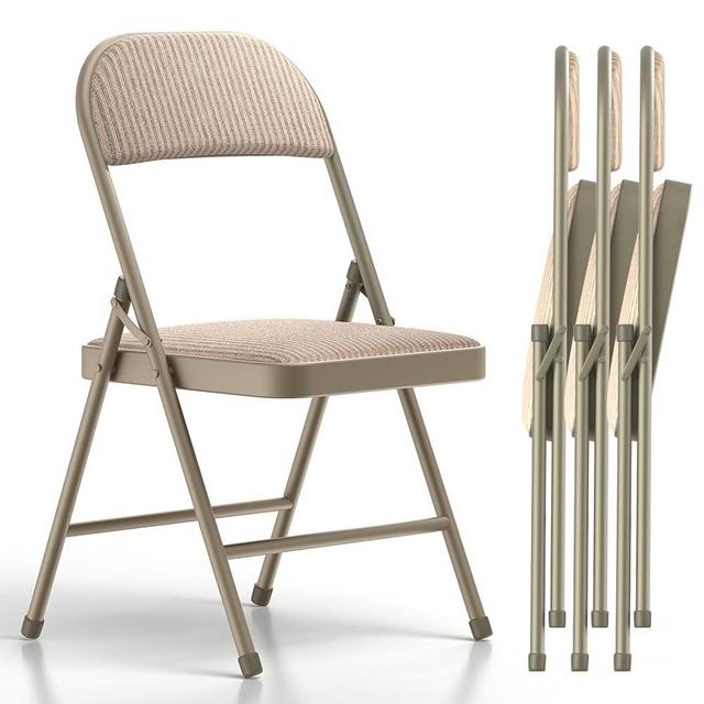 Nazhura 4 Pack Folding Chairs, Fabric Dining Chair Set with Padded Cushion and Back, Indoor Outdoo Seat for Home Office Events Wedding Party (Oatmeal Strip Fabric Seating)