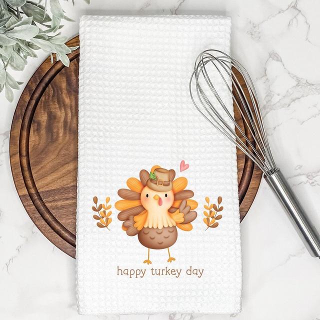 Happy Turkey Day Kitchen Tea Towel | Gift for Hostess Housewarming, Thanksgiving | Fall Farmhouse Hand/Dish Towel | Autumn AirBnb Home Decor