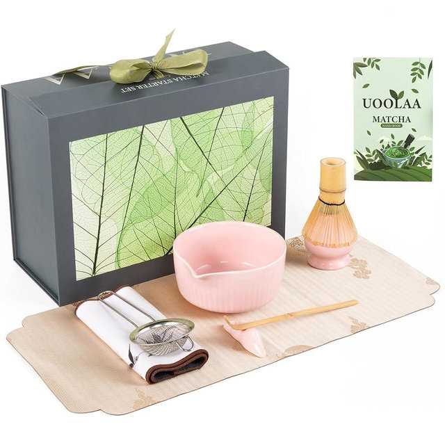 Pink Traditional Matcha Set Whisk and Bowl, 8 Pcs Matcha Making Kit Includes Ceramic Bowl with Spout, Bamboo Whisk, Holder, Scoop, Sifter, Tea Towel Cloth and Mat-Ceremonial Matcha Starter Kit Gift