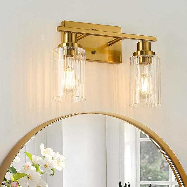 Jonsi Gold Bathroom Light Fixtures, 2 Light Brushed Gold Vanity Lights With Fluted Glass Shade, Modern Lights Over Mirror, Vanity Lighting Fixtures
