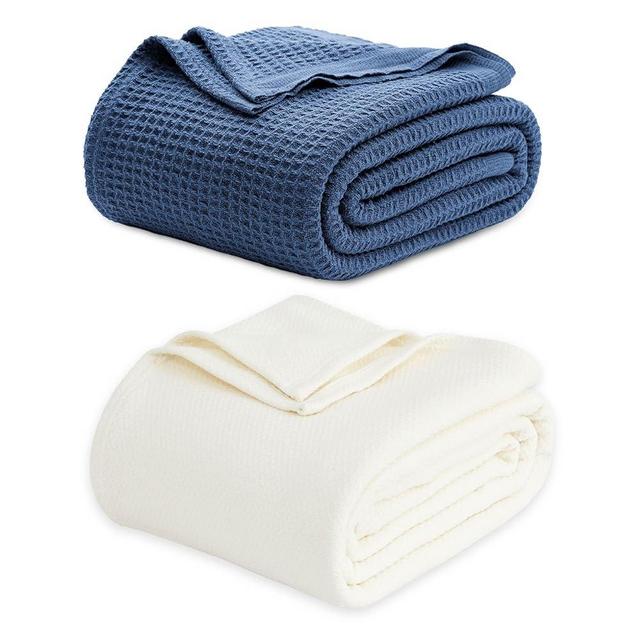 Bedsure Bundle of 1 Cotton Herringbone Weave Blanket Queen & 1 Cotton Waffle Weave Blanket Queen
