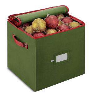 Green ZOBER Christmas Ornament Storage Box - Stores 64 3" Ornaments, With Dividers - Ornament Organizer Storage Box, Durable Christmas Containers Holder, Dual Zipper - Green