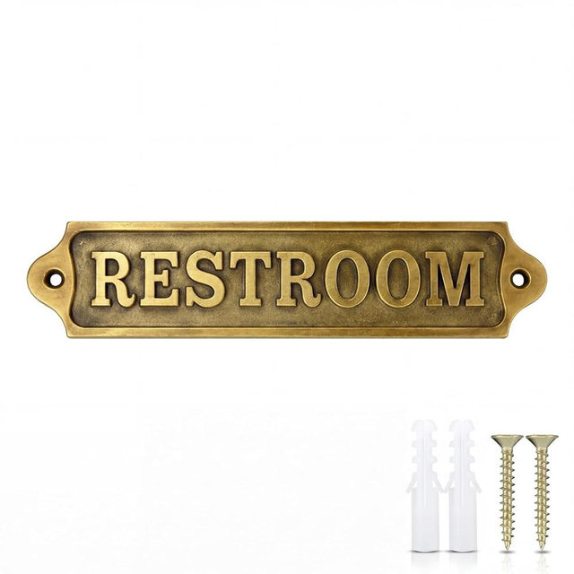 AceOrbit 8.5 x 2 Inch Restroom Sign Solid Brass Metal Door Sign with Mounting Hardware Antique Finish Easy DIY Installation Home Decor for Gents, Ladies, Office, Laundry, Restroom, Pull, Parking
