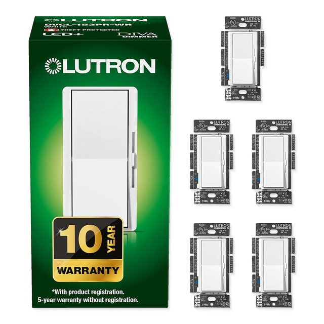 Lutron Diva LED+ Dimmer Light Switch for Dimmable LED, Halogen, and Incandescent Bulbs, 150 Watt, Single-Pole or 3-Way, DVCL-153P-WH-5, White, 5 Pack