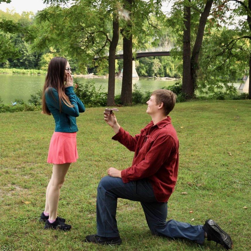 Our engagement in Genesee Valley Park. James was able to plan and execute a complete surprise for Miranda, despite her best efforts.