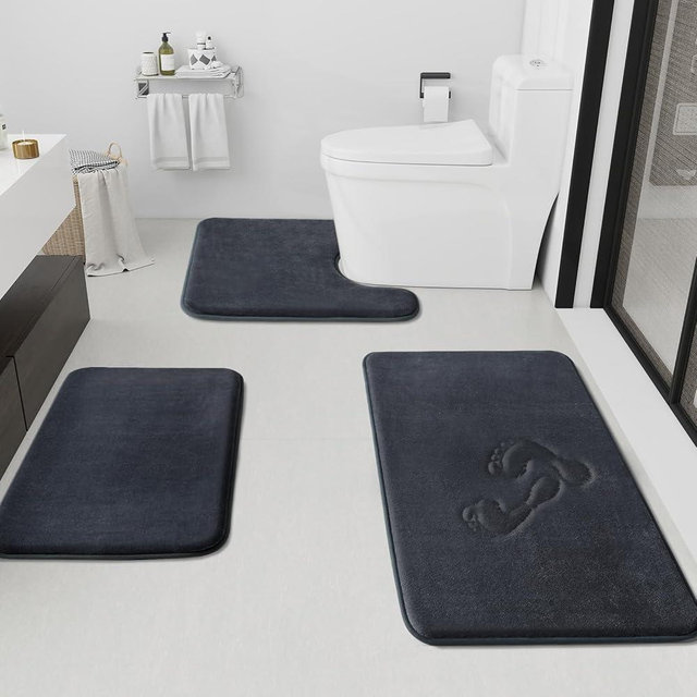HUXMEYSON Bathroom Rugs Sets 3 Piece, Non-Slip & Quick Dry Bath Mat Set, Ultra Soft Velvet Bath Rugs for Bathroom, Toilet and Shower Floor, Dark Grey