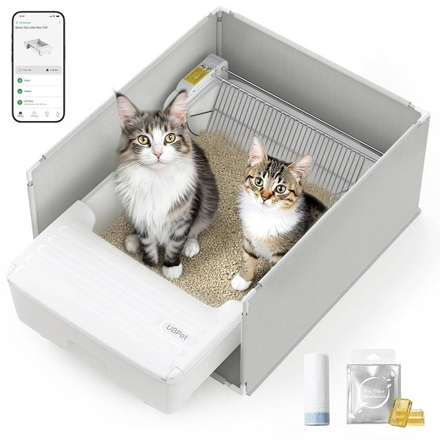 UBPET Automatic Cat Litter Box, Open-Top Self Cleaning Litter Box for Multiple Cats, Weight Sensors Safety Protection, Smart APP Control, Odor-Free Waste Disposal, Works with Bentonite Mineral Litter
