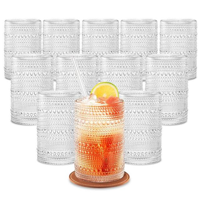 Hobnail Drinking Glasses Set of 12 , Vintage Glassware, Embossed Textured Kitchen Glasses , Water Tumbler, Bar, Beer, Cocktails, Juice, Whiskey, Milk, Gift set– with Straws and Coasters， 15oz Clear