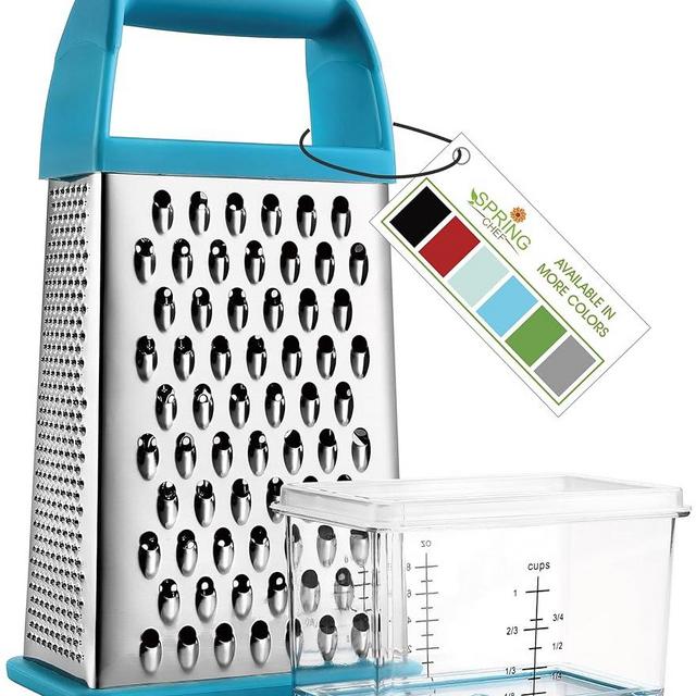 Spring Chef Professional Cheese Grater With Storage Container, Stainless Steel & Soft Grip Handle, 4 Sided Manual Kitchen Food Shredder Best Box Grater for Parmesan, Veggie, Ginger 10" Aqua Sky