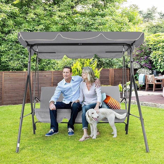 GARTOO 3-Seat Patio Swing Chair, Outdoor Porch Swing with Adjustable Canopy and Durable Steel Frame for Patio, Garden, Poolside(Grey)